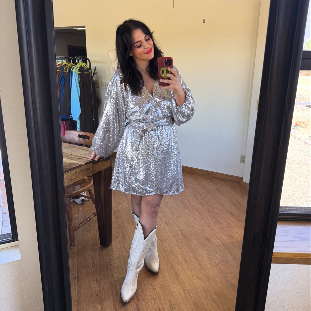 Anthropologie Silver Sequin Long Sleeve Dress
